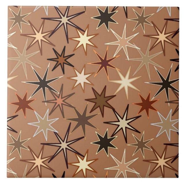 Modern Starburst Print, Coffee Brown och Beige Kakelplatta (Framsidan)