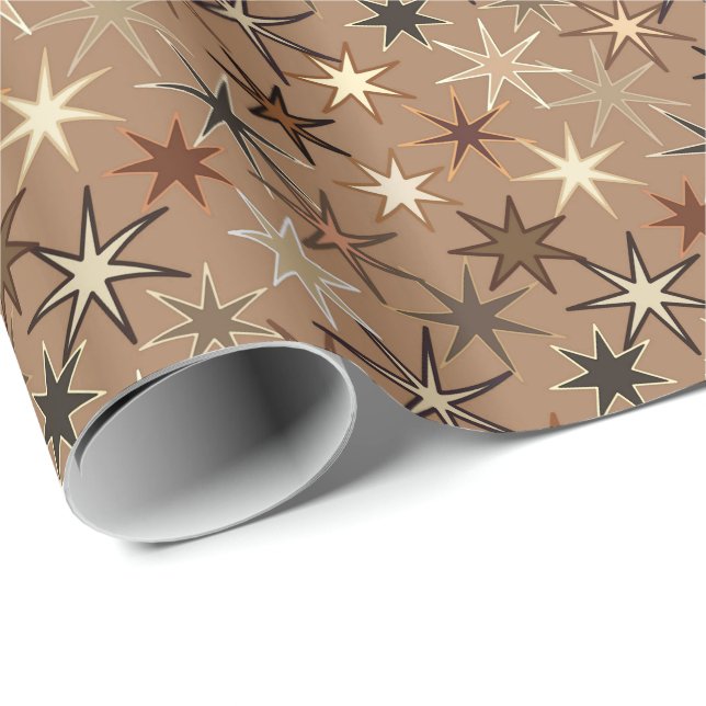 Modern Starburst Print, Coffee Brown och Beige Presentpapper (Rullad Hörn)