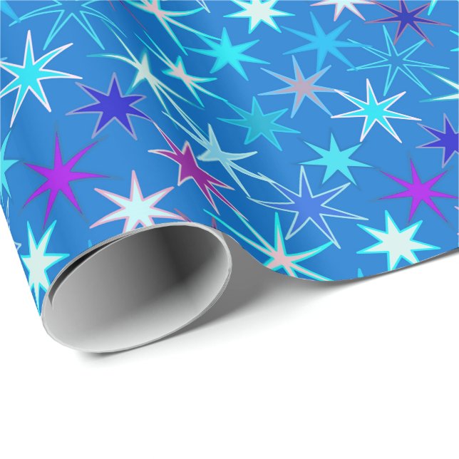 Modern Starburst Print, Deep Cerulean Blue Presentpapper (Rullad Hörn)