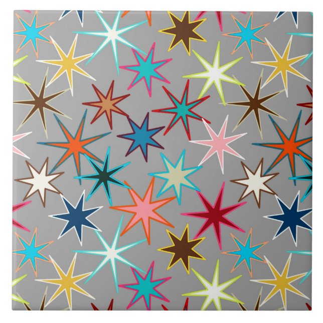 Modern Starburst Print, Jewel Färg på Grått Kakelplatta (Framsidan)