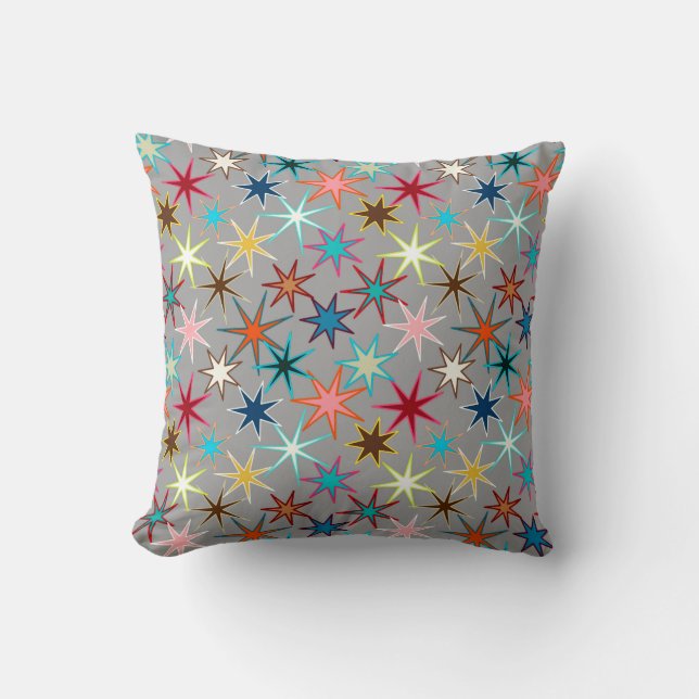 Modern Starburst Print, Jewel Färg på Grått Kudde (Framsida)