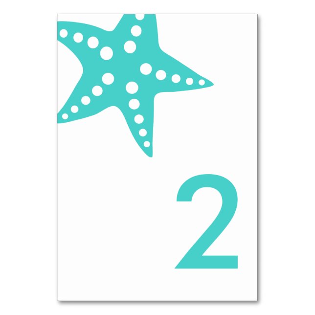 Modern Starfish Bröllop Bordsnummer Card, Aqua (Framsidan)