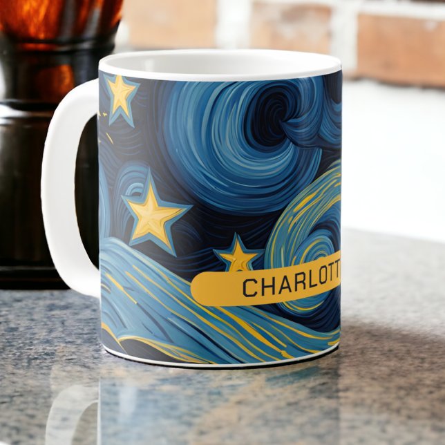 Modern Starry Night Sunsun Personlig Namn Kaffemugg (Modern Starry Night Sunflower Personalized Name Coffee Mug from Ricaso. A fun Van Gogh mash up art)