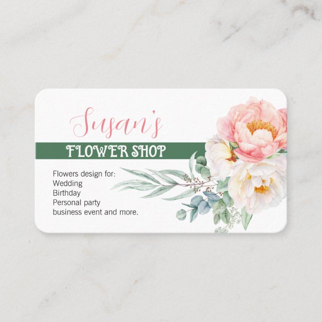 Modern Stil Flower Shop-Affärskort med Peony Visitkort (Framsida)