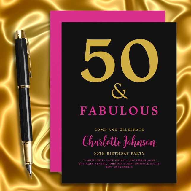 Modern Stilfull 50-årsfest Rosa Svart Guld Inbjudningar (Stylish modern 50 and fabulous pink black and gold 50th birthday invitation)
