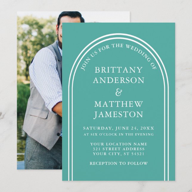 Modern Stilfull Båge Bröllops Teal Foto Inbjudningar (Fram/baksida)