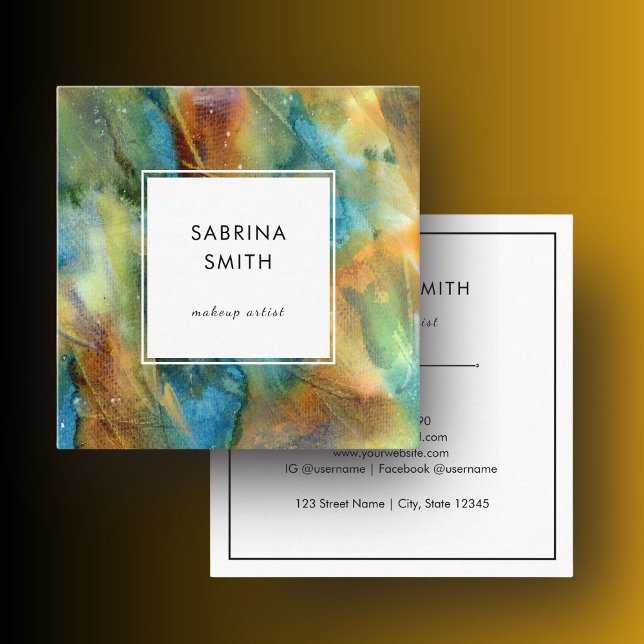 Modern Stilfull Blå Brun Akvarell Abstrakt Fyrkantigt Visitkort (Modern Colorful Watercolor Abstract Square Business Card)
