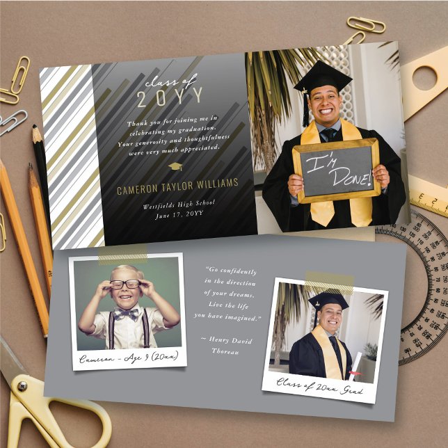 Modern Stilfull Guld Grå Ränder Foto Examen Tack Kort (Modern Gold & Grey Preppy Stripes Photo Classic Graduation Thank You Card @ zazzle.com/color_therapy)