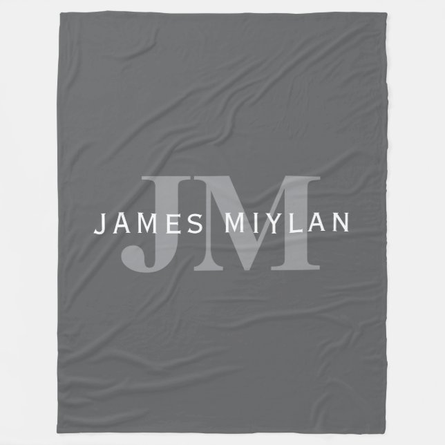 Modern Stilfull Mörkgrå Monogram & Namn Fleecefilt (Framsidan)