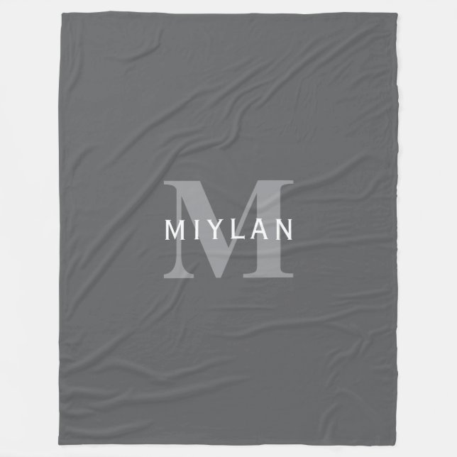 Modern Stilfull Mörkgrå Monogram & Namn Fleecefilt (Framsidan)