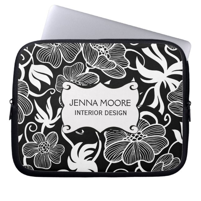 Modern stilfull svartvit blommönster laptop sleeve (Framsidan)