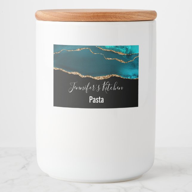 Modern stilfull teal agat & guldbandsköket mat etiketter (Framsida)