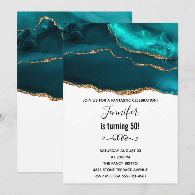 Modern Stilfull Teal Guld & Vit Agat Födelsedag Inbjudningar (Fram/baksida)