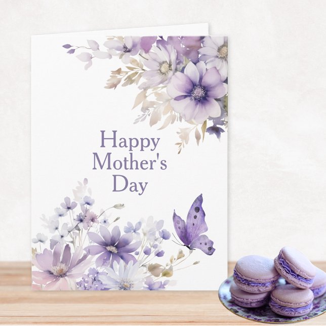 Modern Stilig Blommig Lycka Till Mors Dag Kort (Modern Stylish Purple Watercolor Floral Happy Mother's Day Card with Personalized Message Inside)