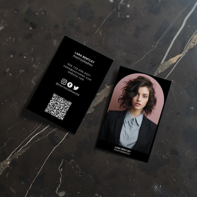 Modern stilist-fotomedia i social med QR-kod Visitkort (Photo business card with photo, social links and QR Code)