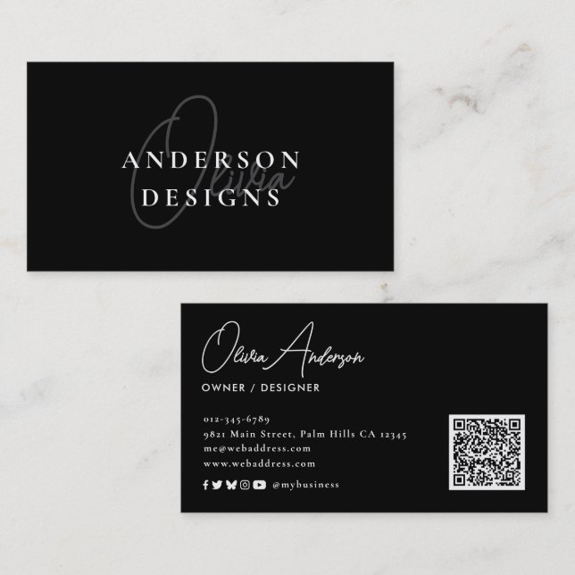 Modern Stilren Elegant Skript QR-kod Sociala Medie Visitkort (Fram/baksida)