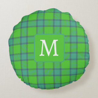 Modern stilren grön & blå Plaid monogram Rund Kudde