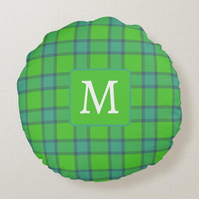 Modern stilren grön & blå Plaid monogram Rund Kudde (Baksidan)