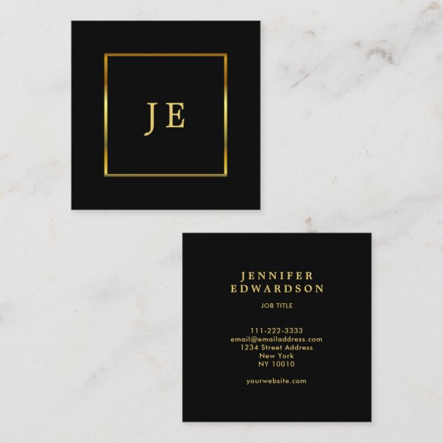 Modern stilren svart guld professionell monogram fyrkantigt visitkort (Fram/baksida)