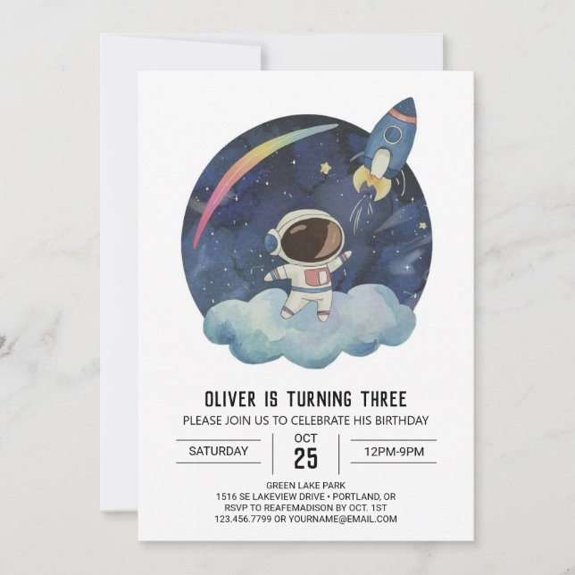 Modern stjärna, utskrivbar Astronaut Boy Birthday Inbjudningar (Framsida)