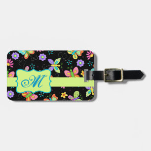 Modern Stollig Butterflies on Black Monogram Bagagebricka