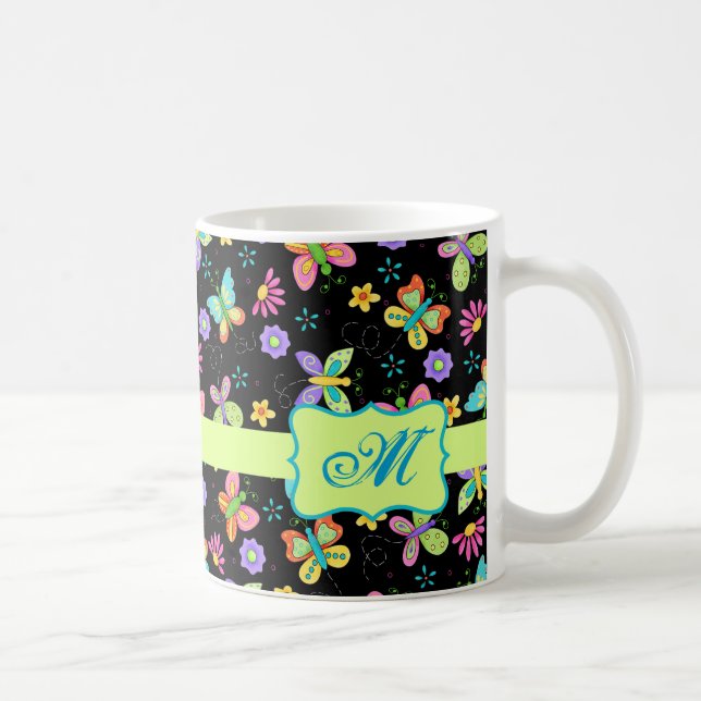 Modern Stollig Butterflies on Black Monogram Kaffemugg (Höger)