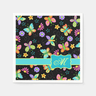 Modern Stollig Butterflies on Black Monogram Pappersservett