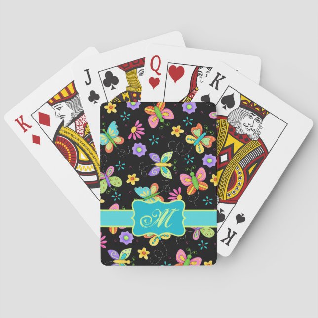 Modern Stollig Butterflies on Black Monogram Spelkort (Baksidan)