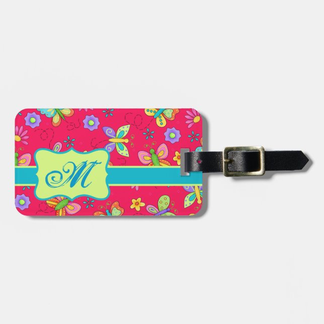 Modern Stollig Butterflies på Red Monogram Persona Bagagebricka (Horisontell Framsida)