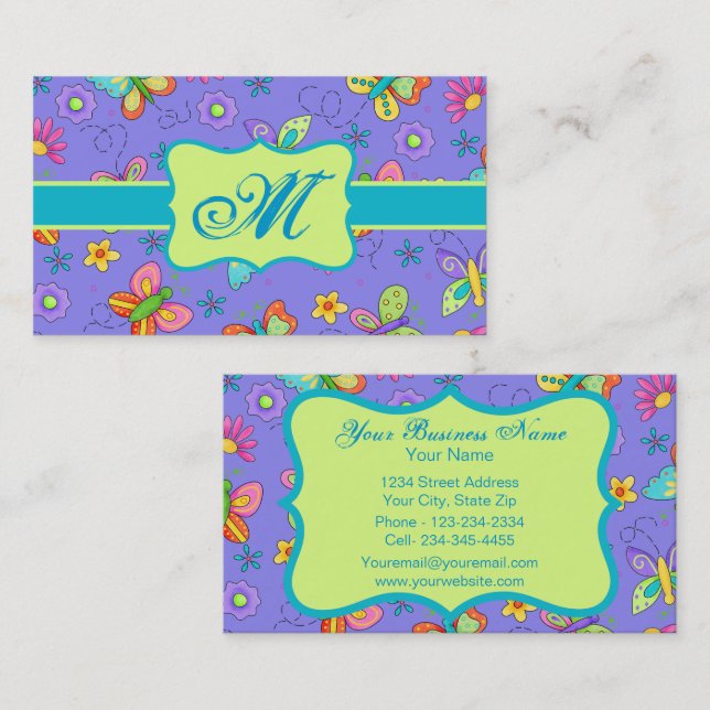 Modern Stollig Lavender Butterfly Monogram Visitkort (Fram/baksida)