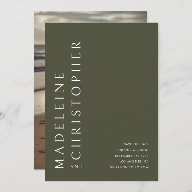 Modern Stor Namn Oliv grönt Photo Bröllop Spara Datumet (Fram/baksida)