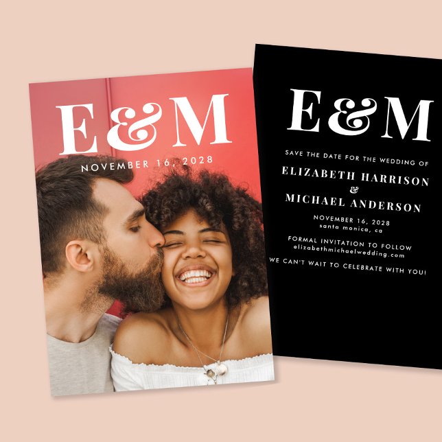 Modern stor vit monogram Initialer Photo Black Spara Datumet (Skapare uppladdad)