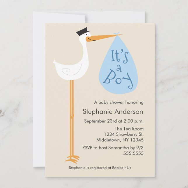 Modern Stork Baby Shower-inbjudan - Boy Inbjudningar (Framsida)