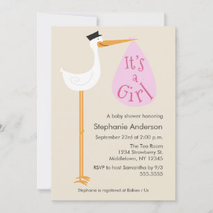 Modern stork Baby Shower-inbjudan - flicka Inbjudningar
