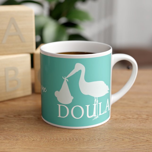 Modern Stork Silhouette Teal Doula Espresso Kopp Espressomugg (A cute teal and white stork silhouette espresso cup with space for your name. )