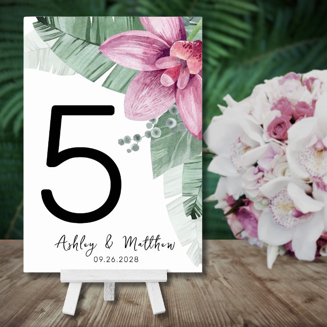 Modern Strand Floral Tropisk Bröllop Bordsnummer (Modern Beach Palm Pink Floral Tropical Wedding Table Number)