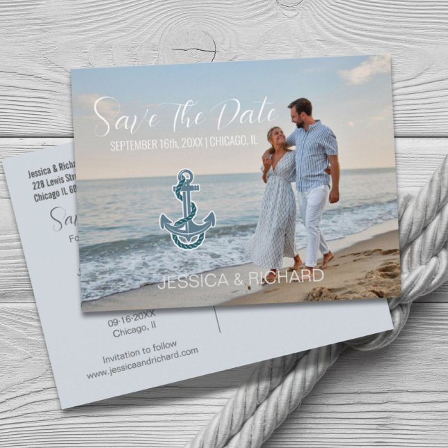 Modern Strand Sjöfart Bröllop Foto Spara Datumet Meddelande Vykort (Modern Beach Nautical Wedding Photo Save The Date Announcement Postcard)