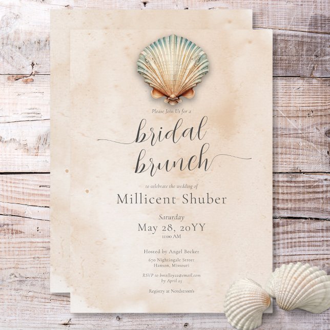 Modern Strand Snigelskal Bröllopsbrunch Inbjudningar (Modern Coastal Seashell Sand Bridal Brunch Invitation)