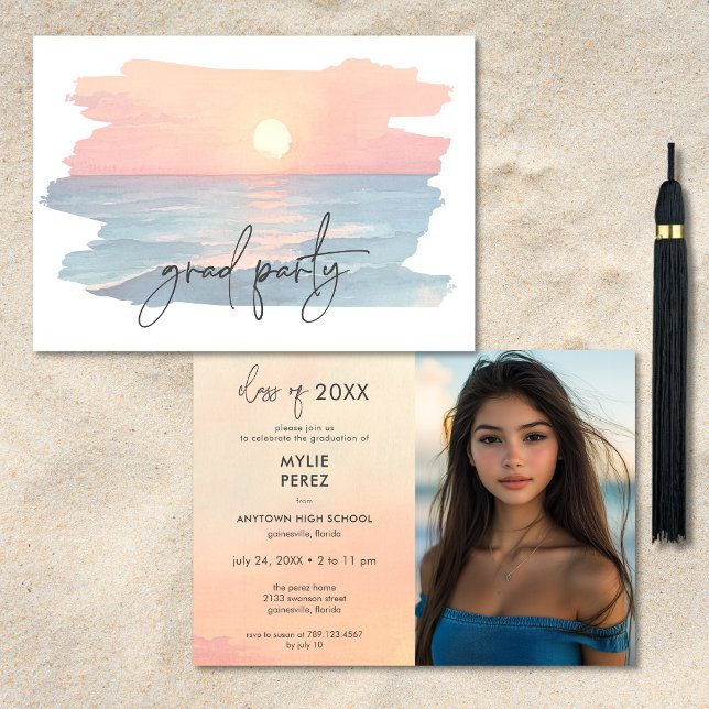 Modern strand solnedgång havet examensfest foto fe inbjudningar (Modern Ocean Sunset Beach Graduation Photo Party Invitation)