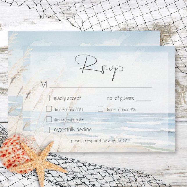 Modern strand vattenfärg bröllopsmiddag OSA kort (Modern Seaside Watercolor Beach Wedding Dinner RSVP Card)