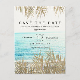 Modern stranden guld träd i handflatan sparar datu meddelande vykort