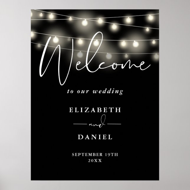 Modern String Lights Wedding Welcome Sign Poster (Framsidan)