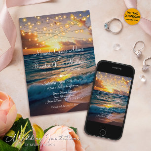 Modern String Ljus Tropical Summer Beach Wedding Inbjudningar