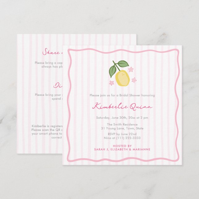Modern Stripes Hand-Drawn Lemon Bridal Shower Inbjudningar (Fram/baksida)