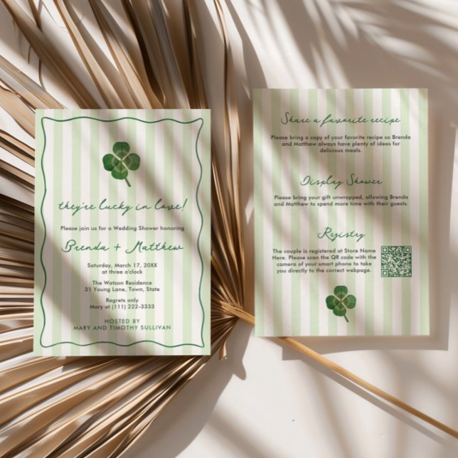 Modern Stripes St Patrick's Couples Wedding Shower Inbjudningar (Lucky In Love St Patricks Day wedding shower invitations with modern stripes and squiggle border)