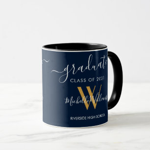 Modern Student 2021 Blue Guld Monogram Namn Mugg