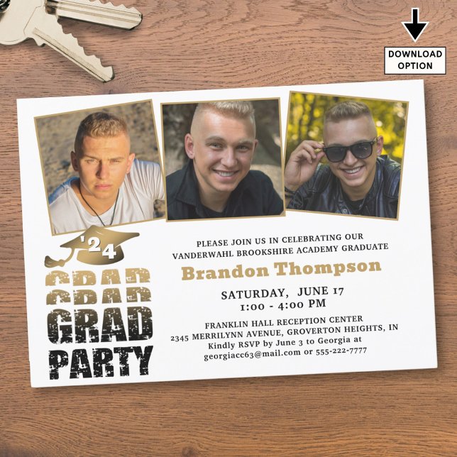 Modern Student 3-bild svart Guld-övertoning Inbjudningar (Skapare uppladdad)