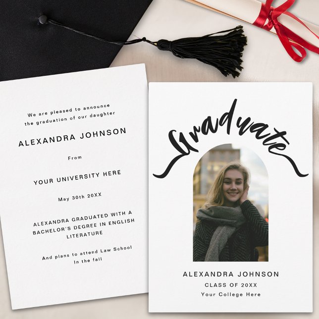 Modern Student Arch Photo Studenten Meddelande (Modern photo arch black and white elegant script calligraphy  Graduation announcement card)