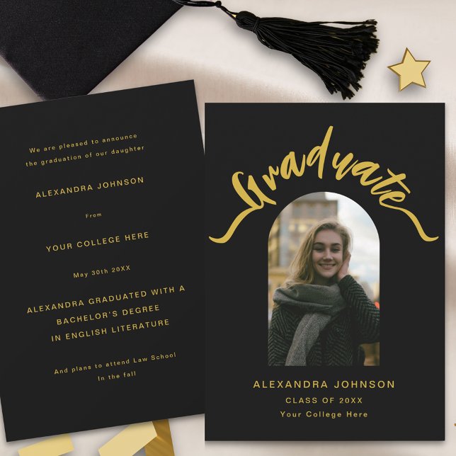 Modern Student Arch Photo Studenten Meddelande (Modern arch photo black and gold script graduation announcement card)