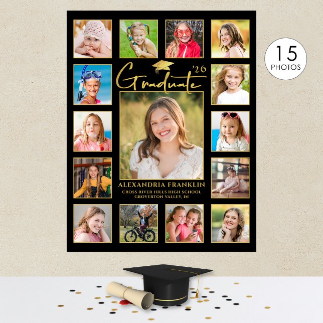 Modern Student Black Guld 15 Photo Collage Poster (Skapare uppladdad)